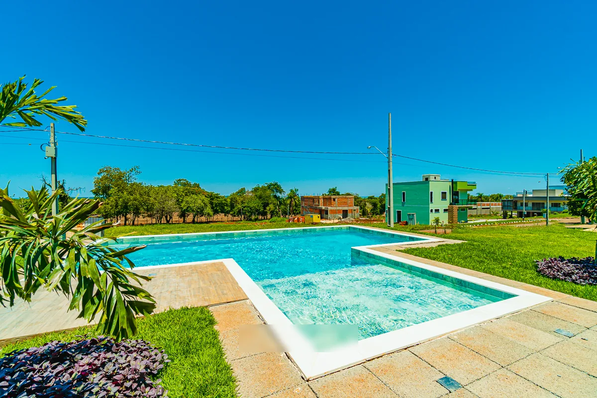 Piscina com paisagismo de folhagens em tom vinho e palmeiras jovens em primeiro plano