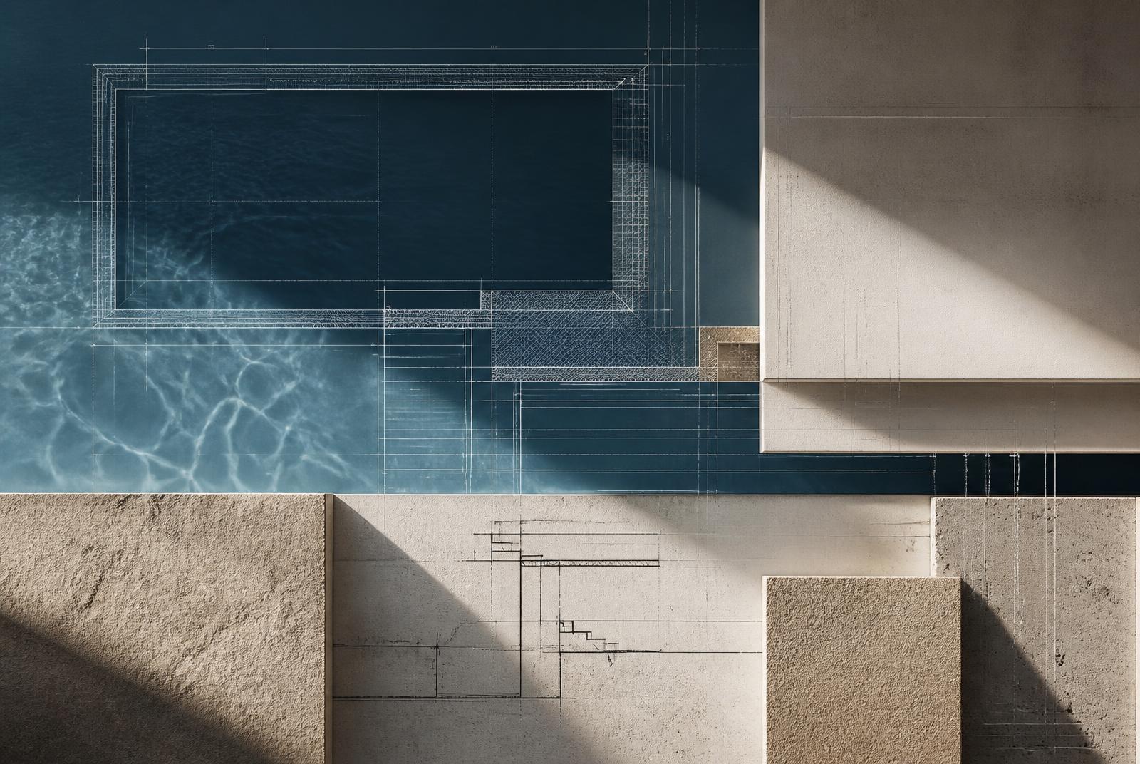 Composição abstrata com desenho técnico de piscina sobreposto à água e a amostras de concreto e pedra