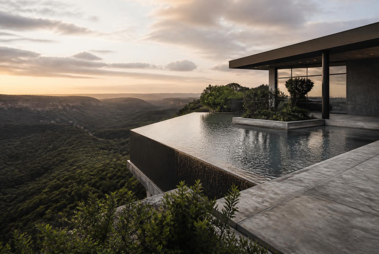 Piscina com borda infinita em terreno com desnível, voltada para uma paisagem ampla de vale