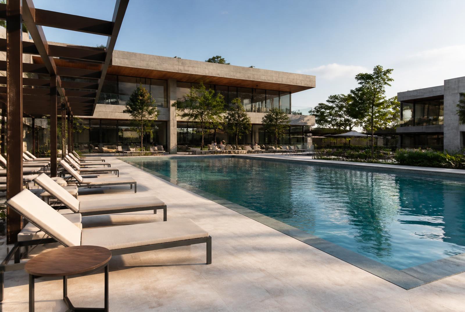 Piscina coletiva contemporânea em área de lazer de condomínio, com deck em pedra e uso tranquilo
