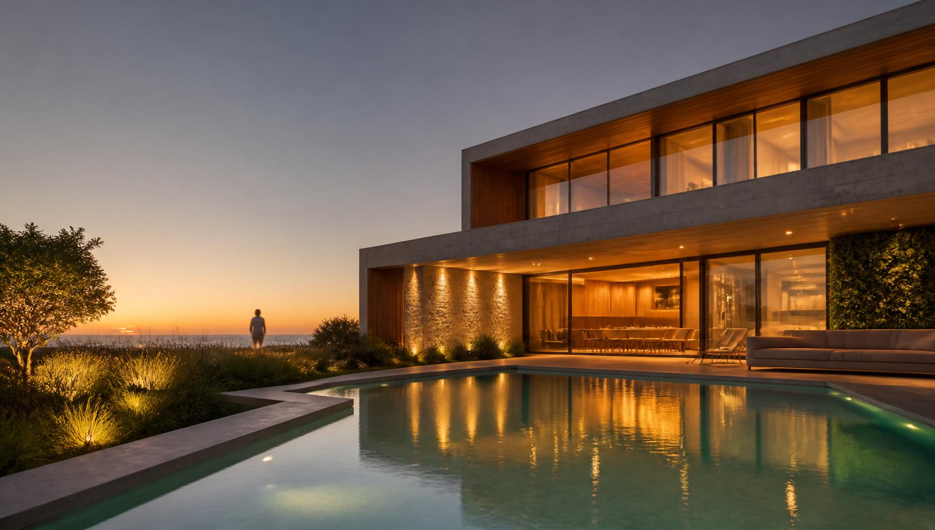 Residência contemporânea com piscina integrada ao final da tarde, iluminação acesa e reflexos na água