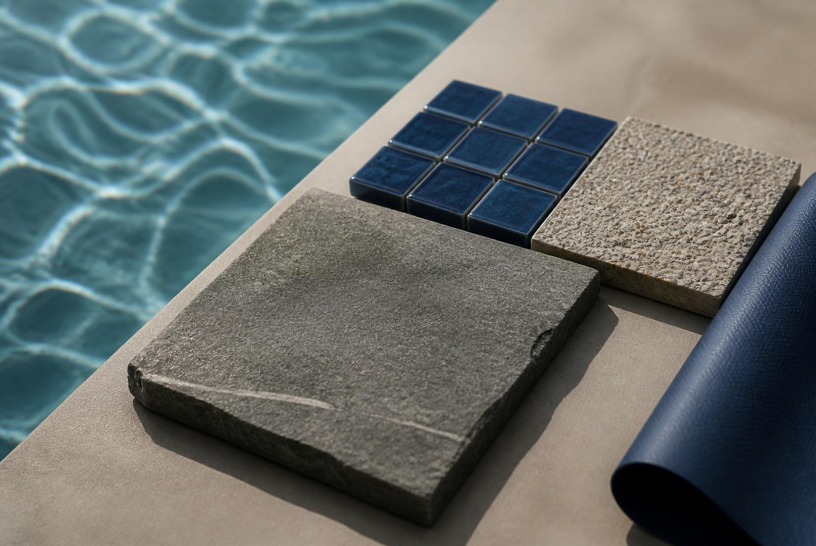 Amostras de pastilha, pedra natural, quartzo e liner dispostas na borda de uma piscina