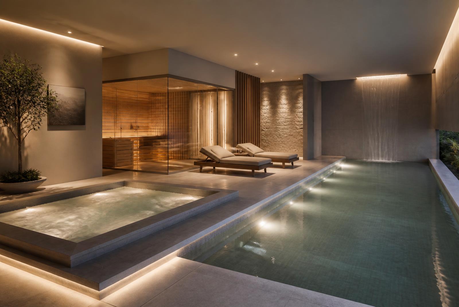 Ambiente wellness com piscina aquecida, spa de hidromassagem, sauna e área de descanso